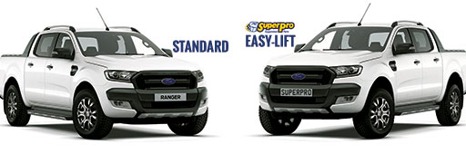 Before and After SuperPro Easy-Lift Kit fitted. Vehicle on the left is standard, the vehicle on the right is lifted